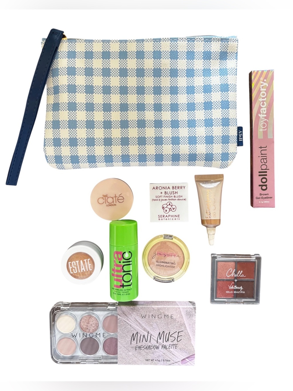 NIB Makeup/Skincare Mini/Travel Bundle w/ Cosmetic Case in Blue Gingham